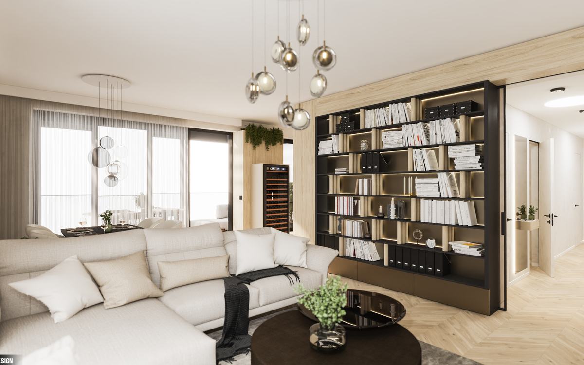 Obývací pokoj s knihovnou (vizualizace Pearl Design)