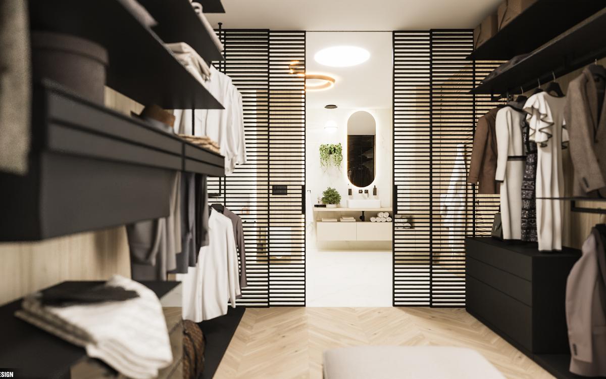 Šatna s průhledem do koupelny (vizualizace Pearl Design)